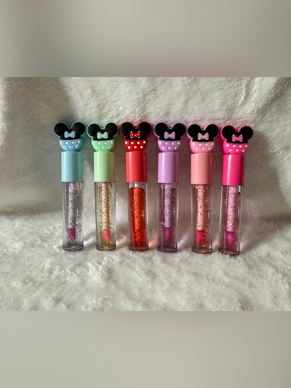 Cute Minnie Mouse-Inspired Glitter Lip Gloss Set - Pastel Caps